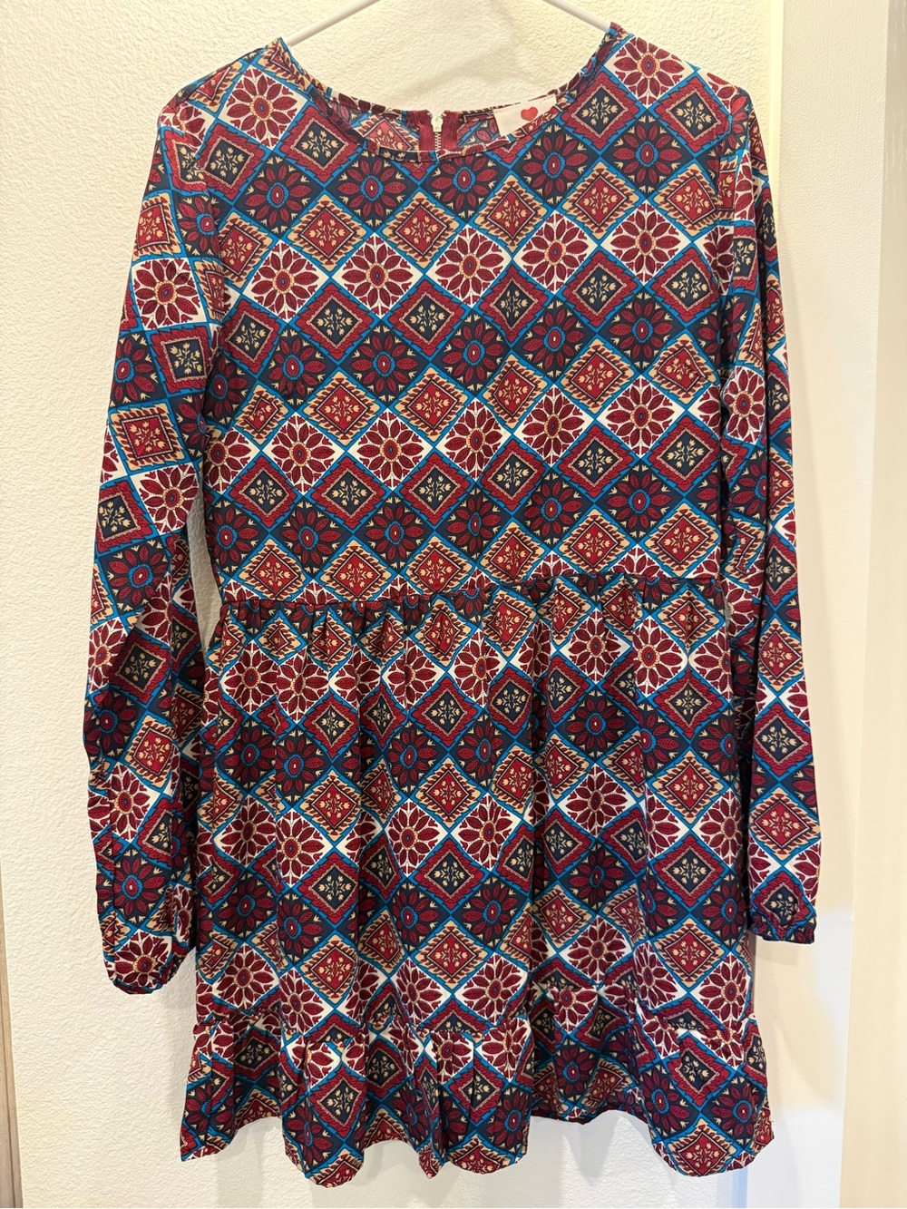 Boho Tile Print Long Sleeve Babydoll Dress - Burgundy
